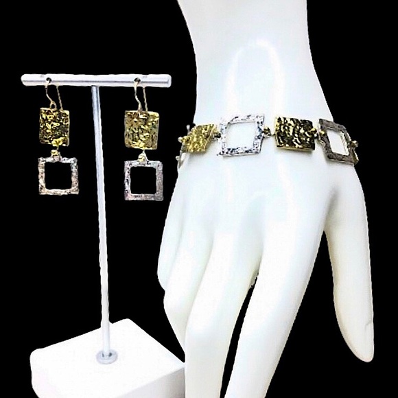 HAMMERED Two Tone Square Earrings and Bracelet Set - Picture 9 of 14